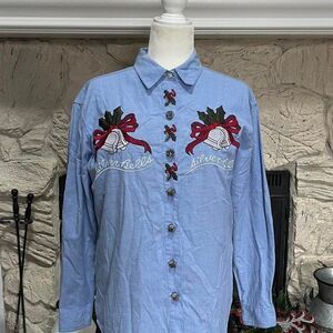 Rare Vintage 90s Jingling Silver Bells embroidered "button" up shirt